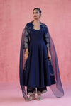 Navy Blue Cotton Silk Blend Embroidered Anarkali Set