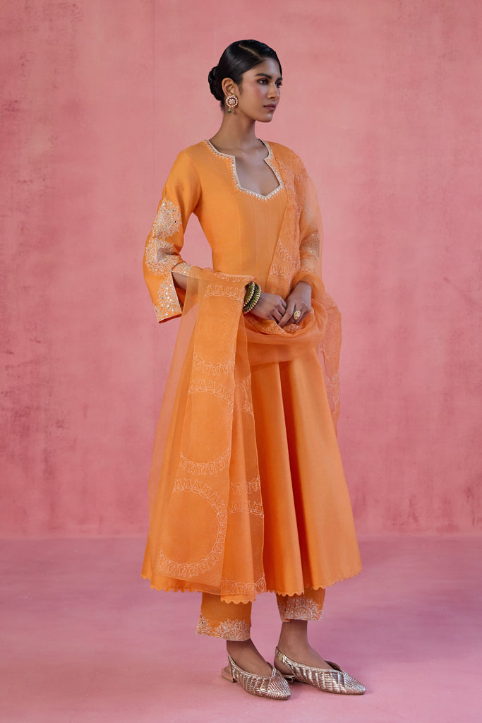 Orange Cotton Silk Blend Embroidered Anarkali Set