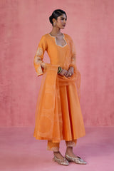 Orange Cotton Silk Blend Embroidered Anarkali Set