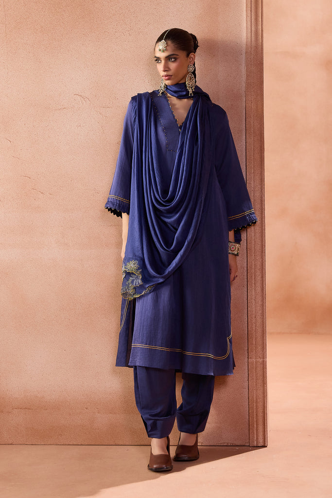 Navy box pleated pants Kurta Set