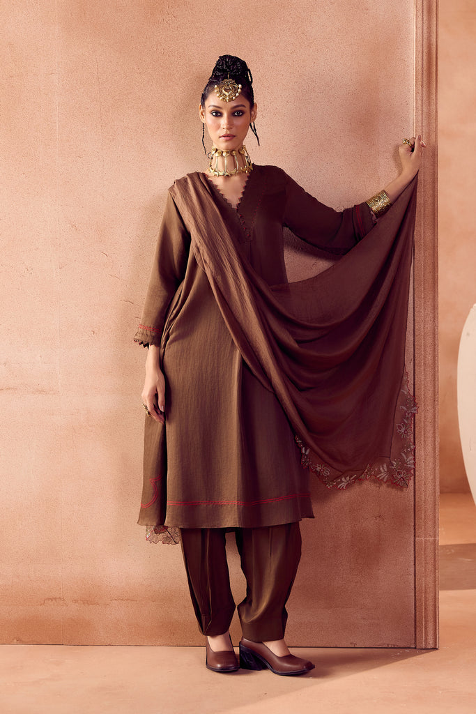Brown box pleated pants kurta set