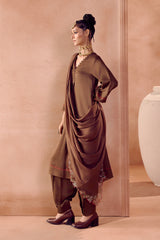 Brown box pleated pants kurta set
