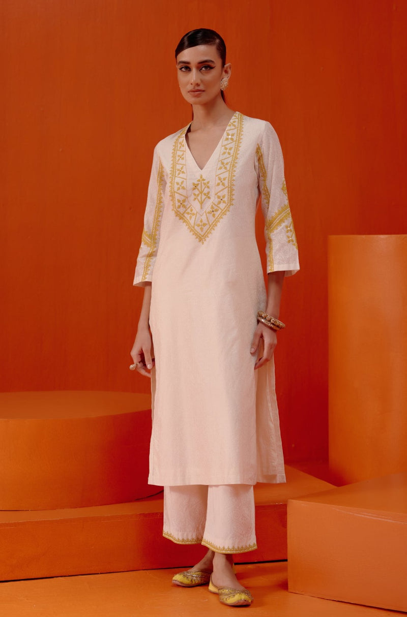 Ivory and Mustard Embroidered Kurta Set