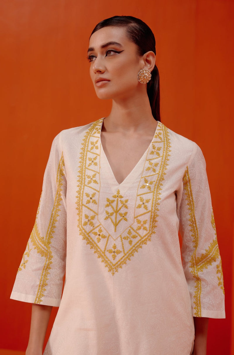 Ivory and Mustard Embroidered Kurta Set