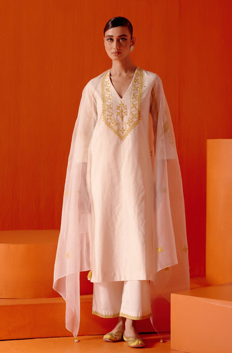 Ivory and Mustard Embroidered Kurta Set