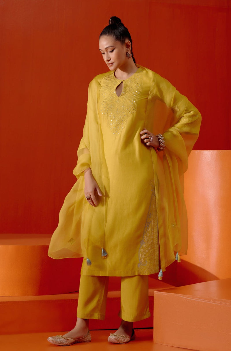 Mustard Embroidered Silk Chanderi Kurta Set