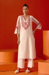 Ivory and Red Embroidered Kurta Set