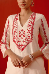 Ivory and Red Embroidered Kurta Set (RTS)