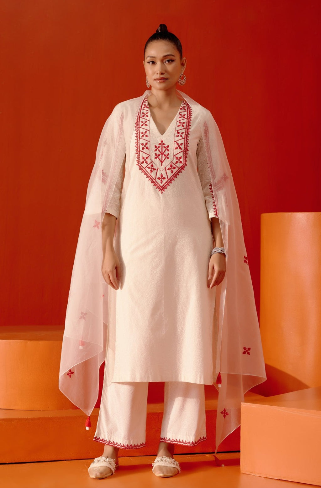 Ivory and Red Embroidered Kurta Set