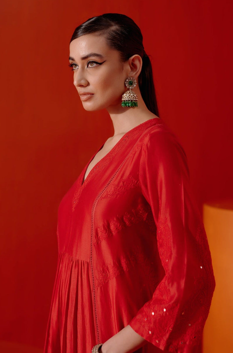 Ananya Panday in Red Silk Chanderi Patra Embellished Kurta Set