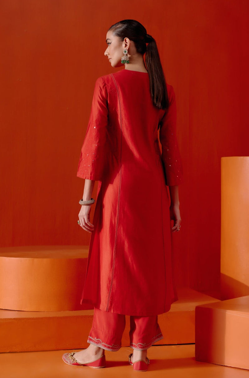 Ananya Panday in Red Silk Chanderi Patra Embellished Kurta Set