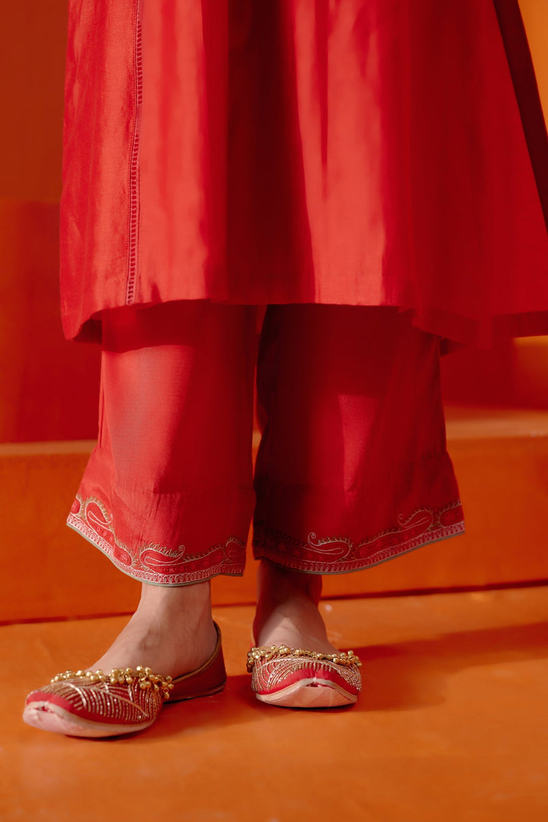 Ananya Panday in Red Silk Chanderi Patra Embellished Kurta Set