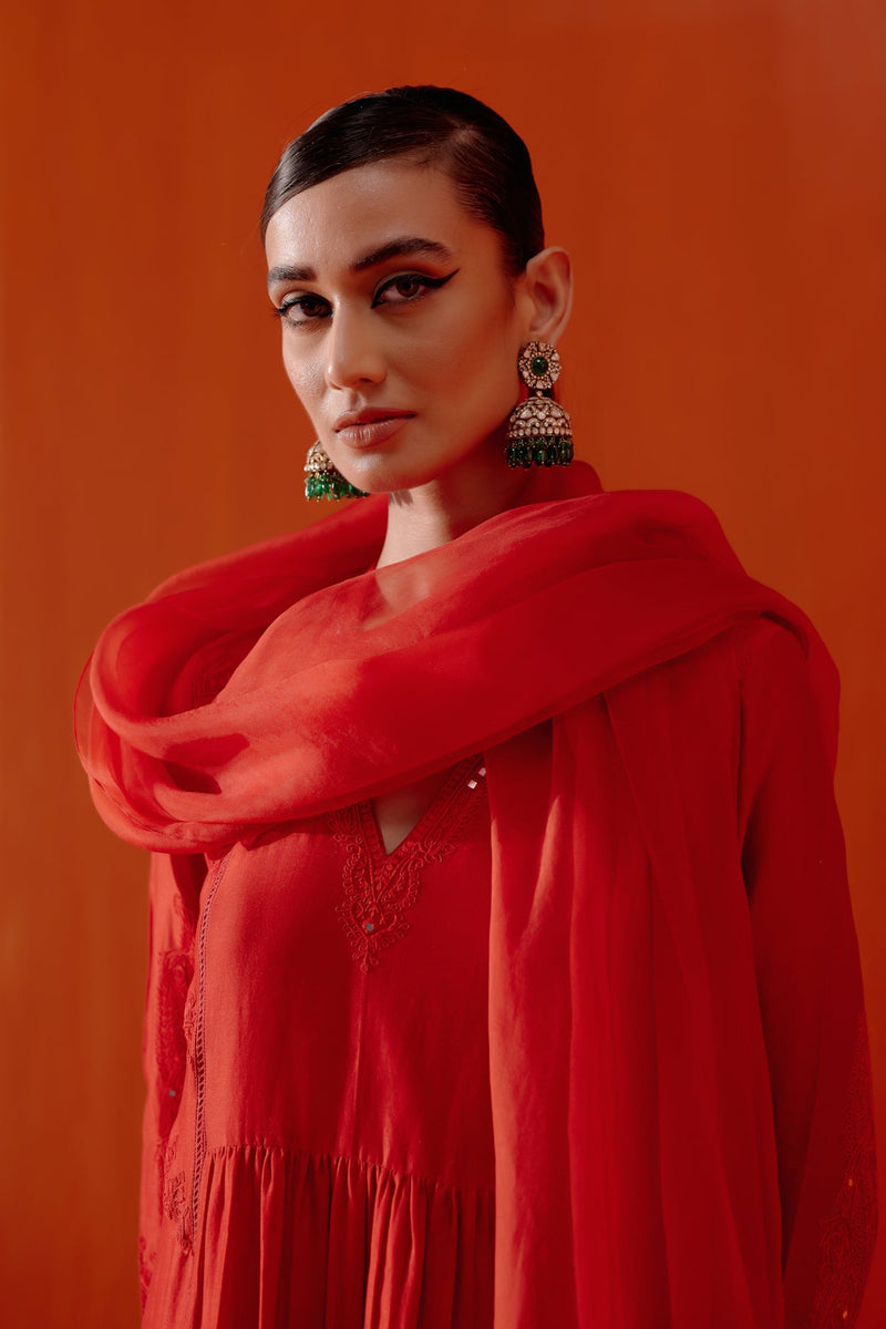 Ananya Panday in Red Silk Chanderi Patra Embellished Kurta Set