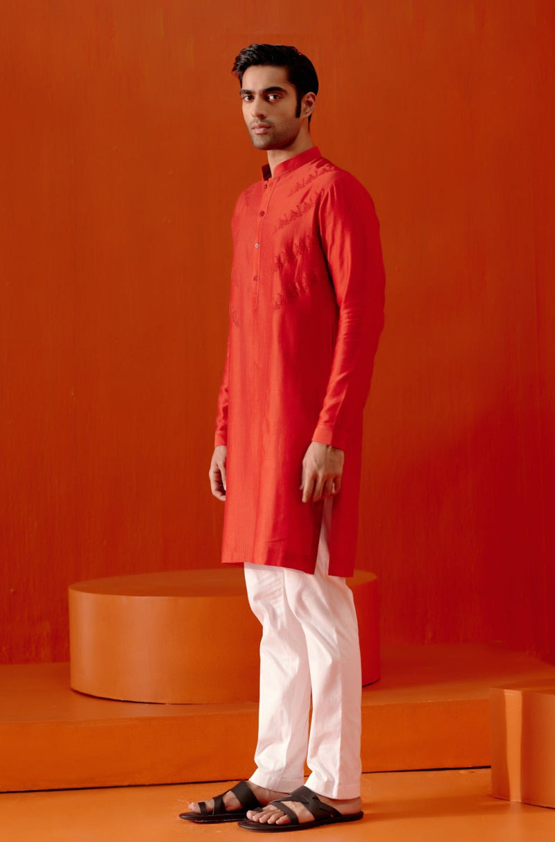 Riteish Deshmukh in Red Self Embroidered Chanderi Kurta Set