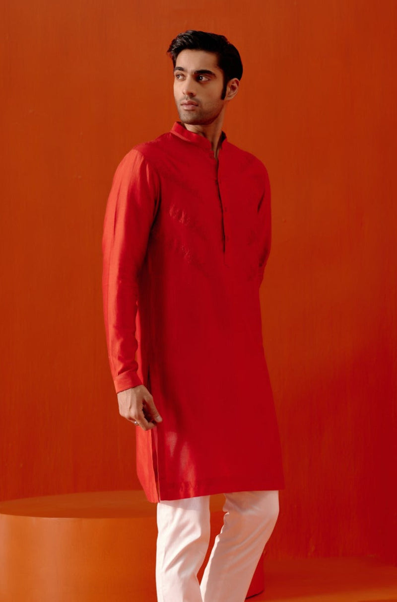 Riteish Deshmukh in Red Self Embroidered Chanderi Kurta Set