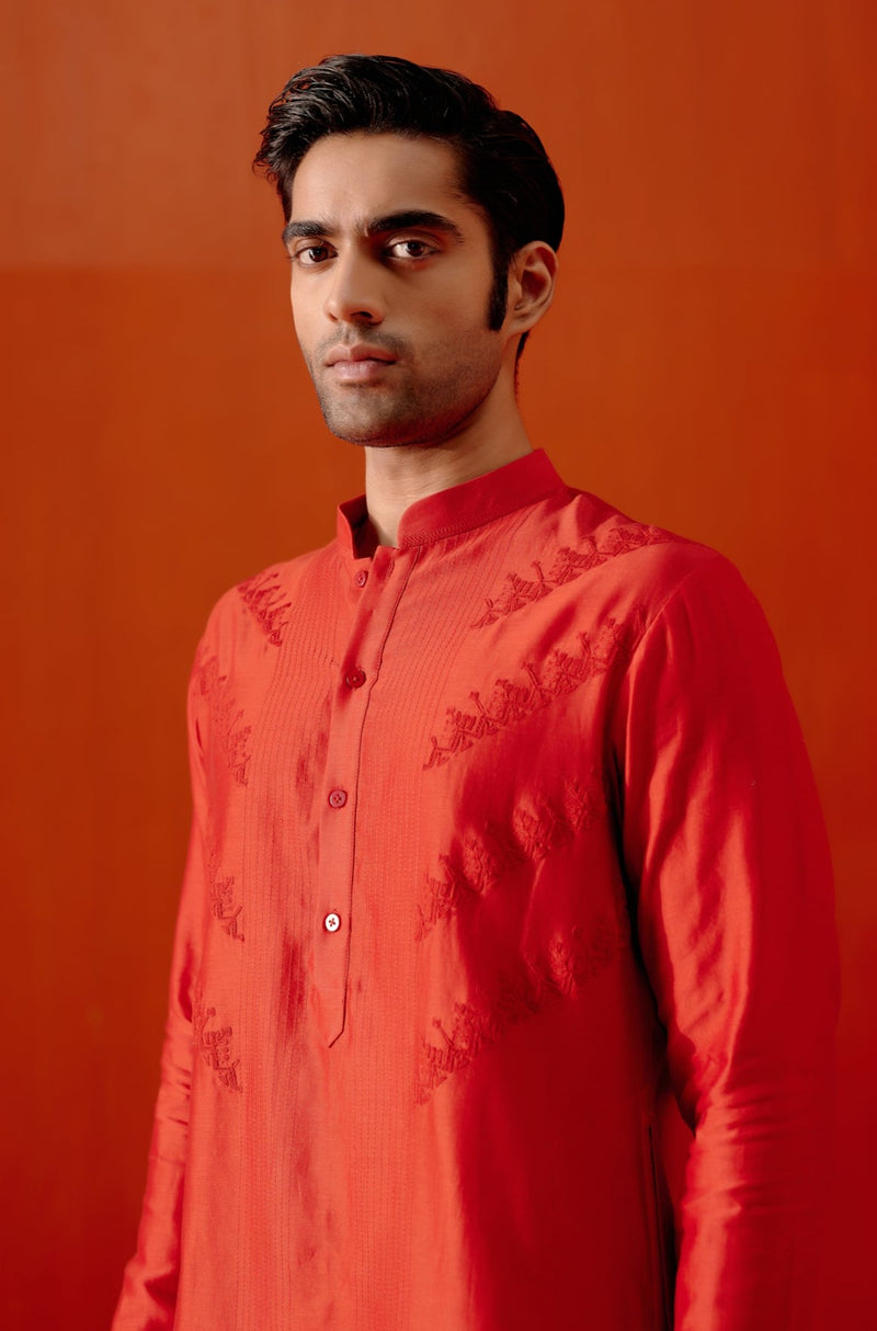 Red Self Embroidered Chanderi Kurta Set