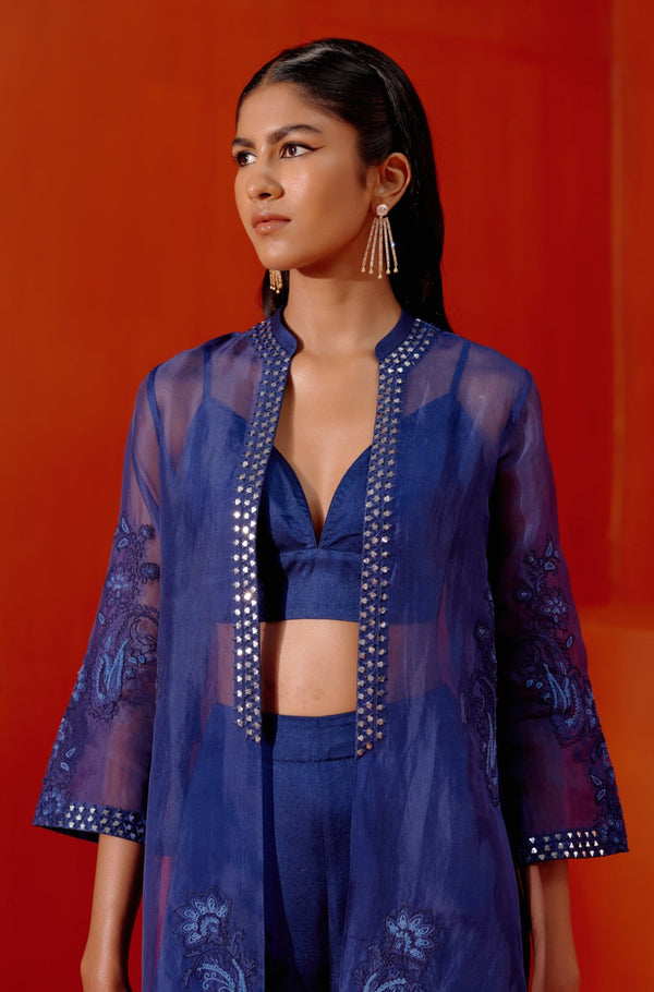 Royal Blue Embroidered Cape and Pant Set