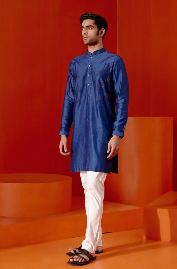 Royal Blue Self Embroidered Chanderi Kurta Set