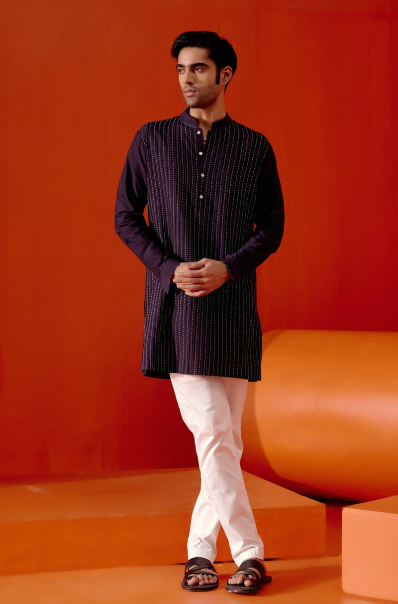 Navy Blue Cotton Silk Blend Pin Tucks Kurta Set