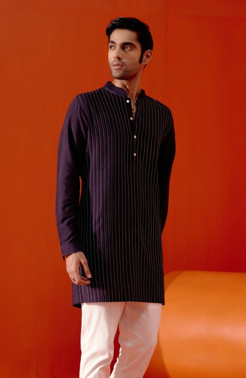 Navy Blue Cotton Silk Blend Pin Tucks Kurta Set