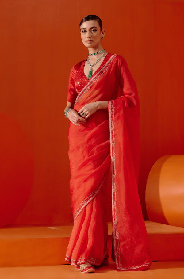 Red Multi Hued Dori Embroidered Organza Saree