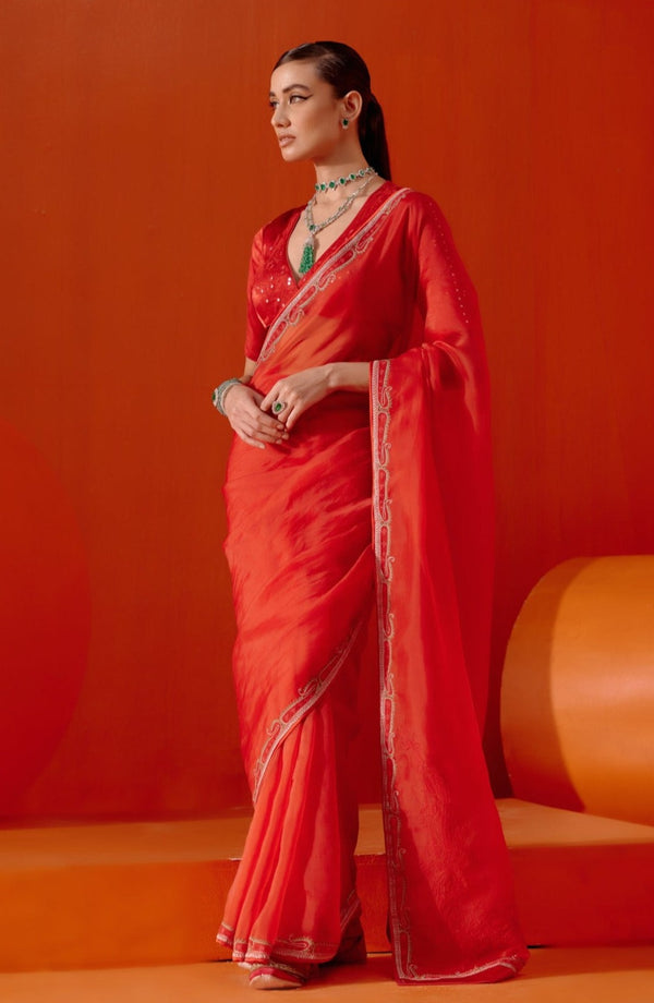 Red Multi Hued Dori Embroidered Organza Saree
