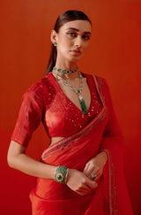 Red Multi Hued Dori Embroidered Organza Saree