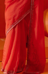 Red Multi Hued Dori Embroidered Organza Saree