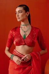 Red Multi Hued Dori Embroidered Organza Saree