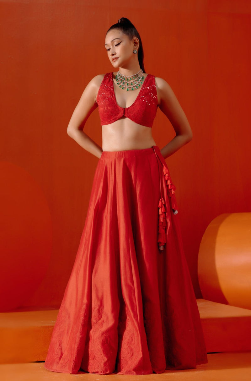 Red Embroidered Silk Chanderi Lehenga Set