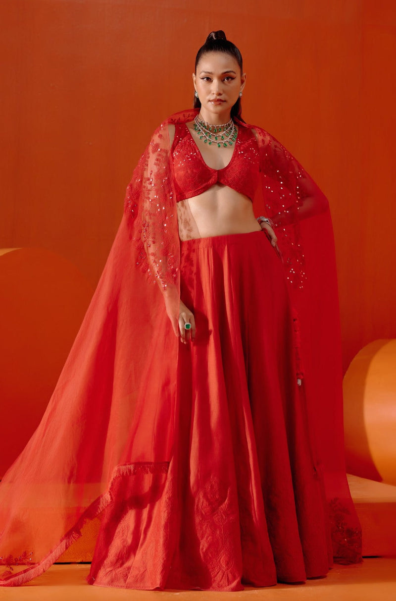 Aamna Sharif in Red Embroidered Silk Chanderi Lehenga Set