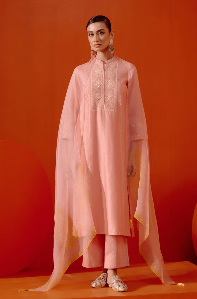 Pink Silk Chanderi Embroidered Kurta Set