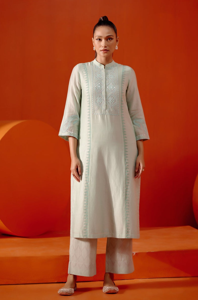 Aqua Blue Silk Chanderi Embroidered Kurta Set