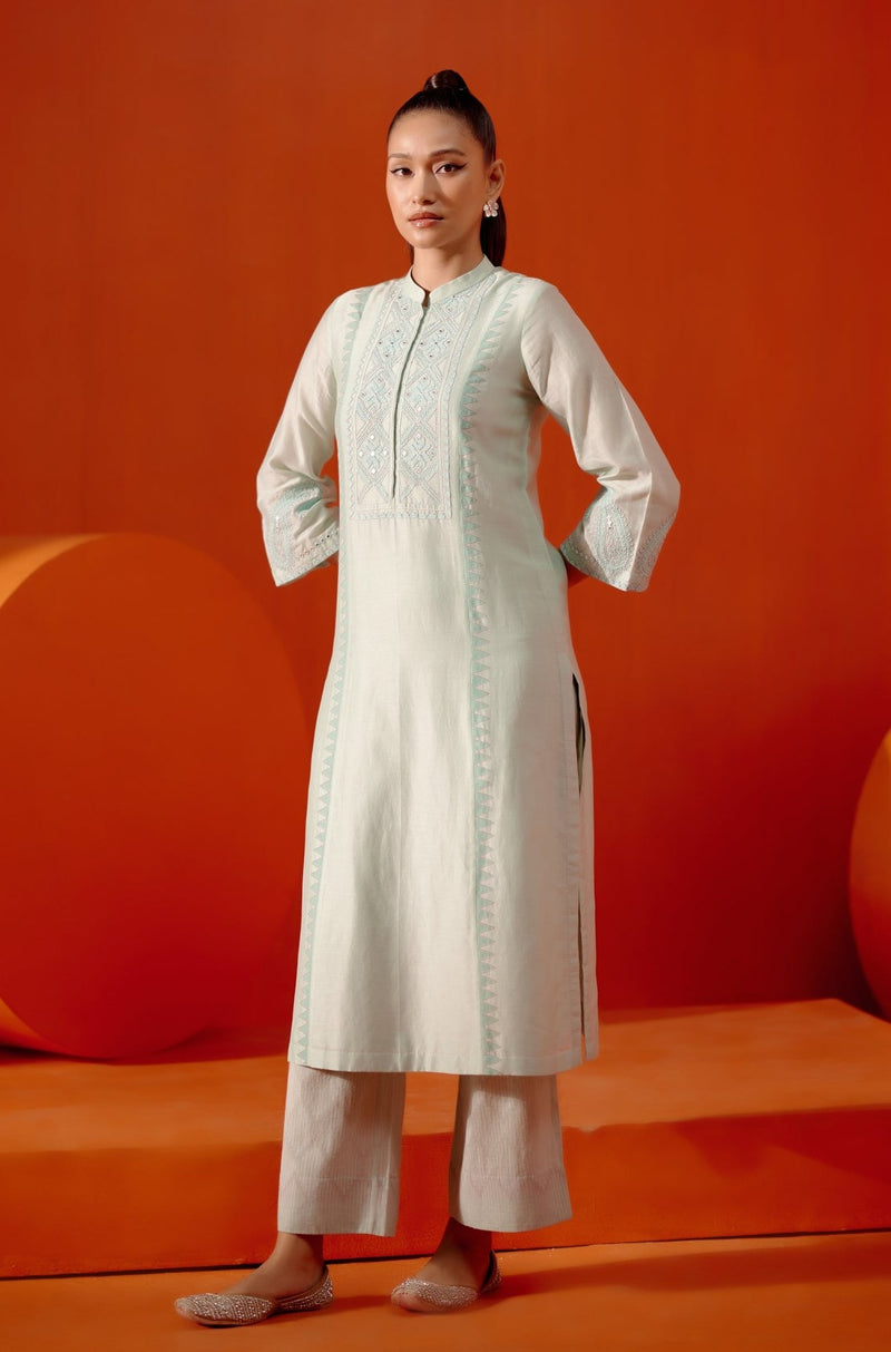 Aqua Blue Silk Chanderi Embroidered Kurta Set