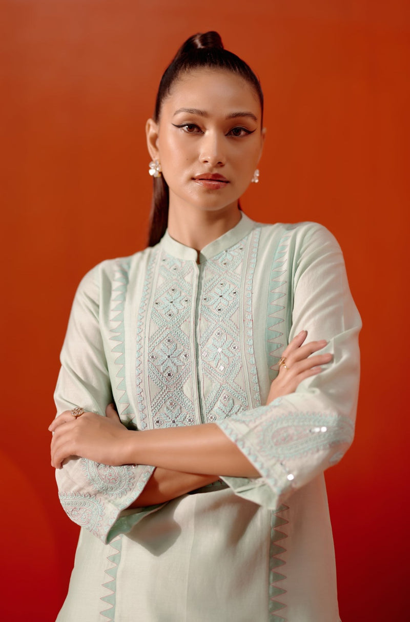 Aqua Blue Silk Chanderi Embroidered Kurta Set