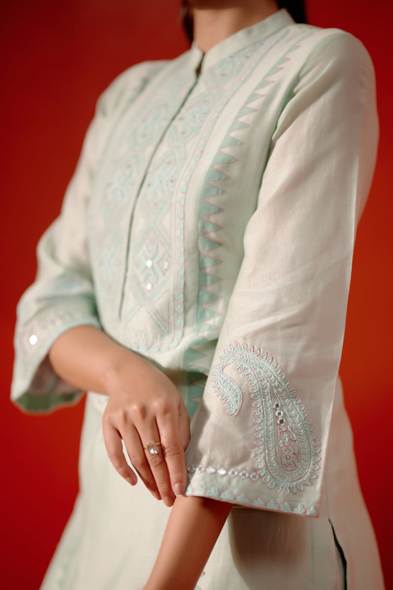 Aqua Blue Silk Chanderi Embroidered Kurta Set