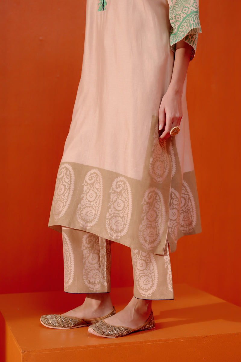 Beige and Green Block Print Embroidered Kaftan Set