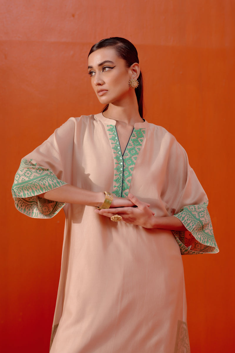 Beige and Green Block Print Embroidered Kaftan Set