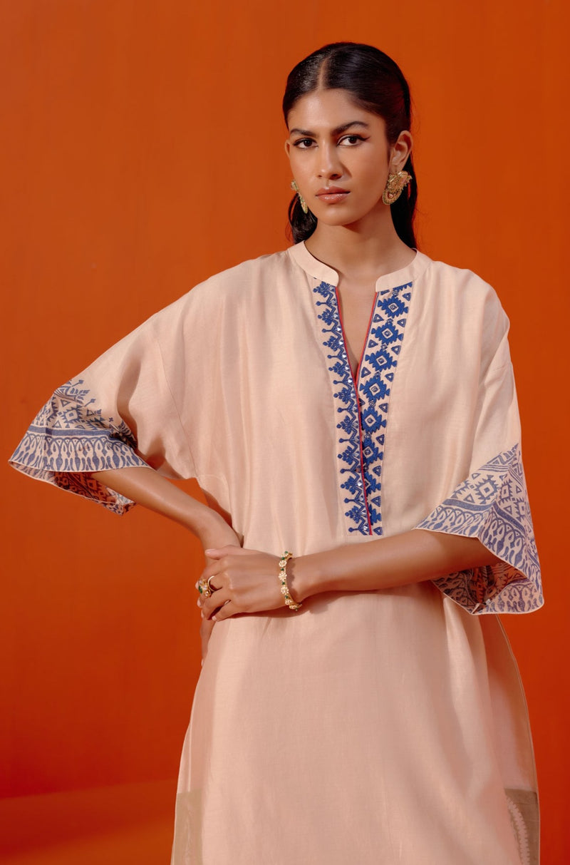 Beige and Blue Block Print Embroidered Kaftan Set