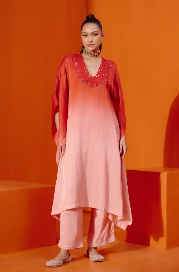 Red Ombre Mirror Embroidered Kaftan Set