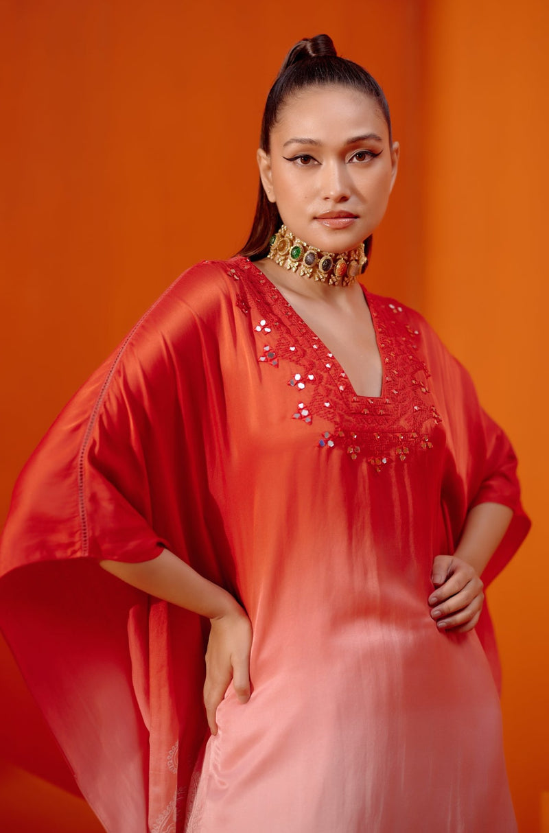 Red Ombre Mirror Embroidered Kaftan Set