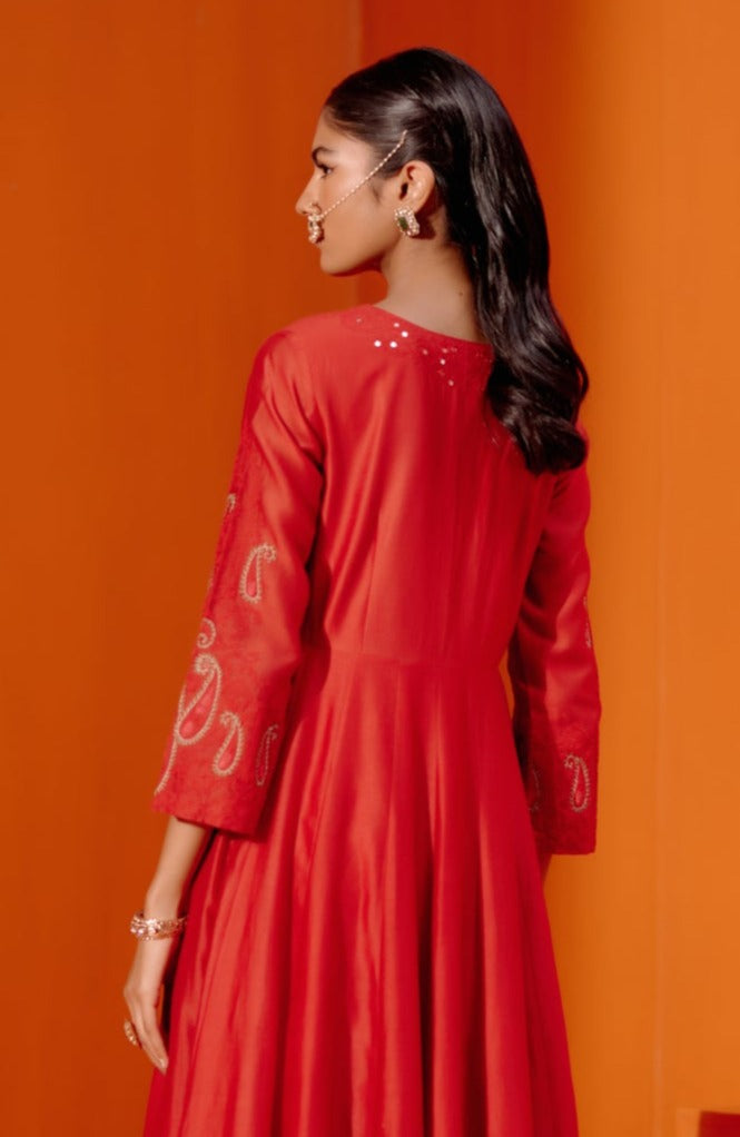 Red Embroidered Anarkali Set