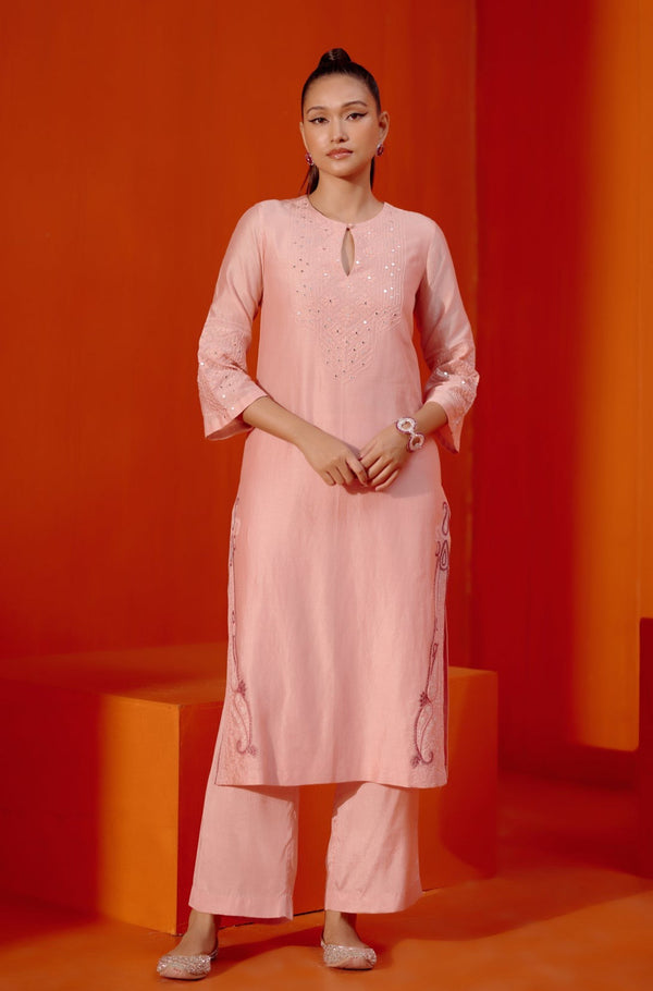 Blush Pink Embroidered Silk Chanderi Kurta Set (RTS)