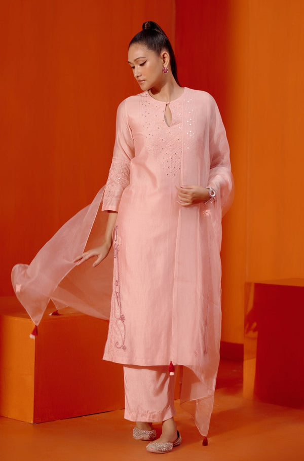 Blush Pink Embroidered Silk Chanderi Kurta Set (RTS)