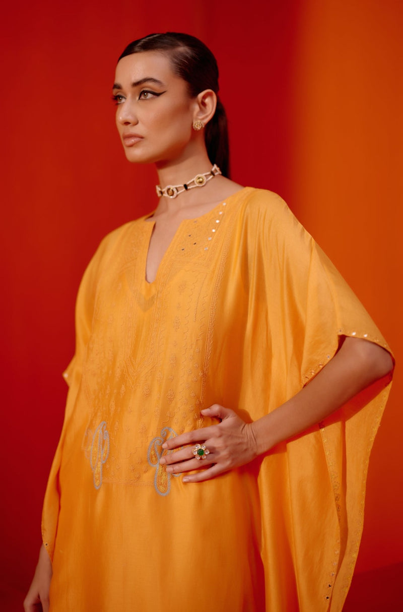 Saffron Silk Chanderi Embroidered Kaftan Set