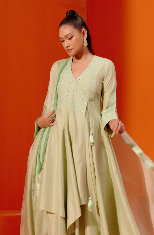 Pista Green Angrakha Style Embroidered Anarkali Set