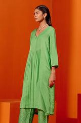 Green Cotton Silk Satin Kurta with Scarf Set