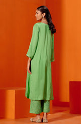 Green Cotton Silk Satin Kurta with Scarf Set