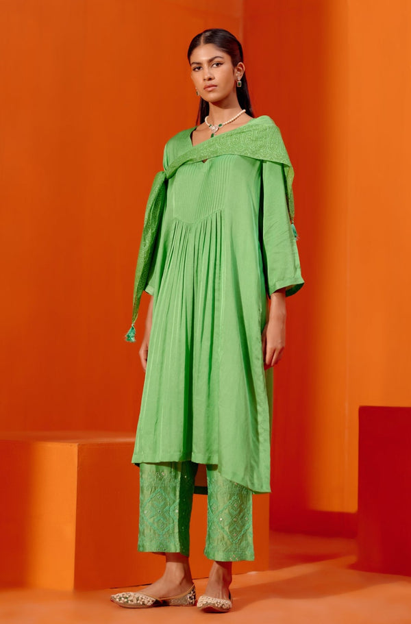 Green Cotton Silk Satin Kurta with Scarf Set