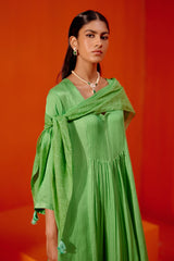 Green Cotton Silk Satin Kurta with Scarf Set